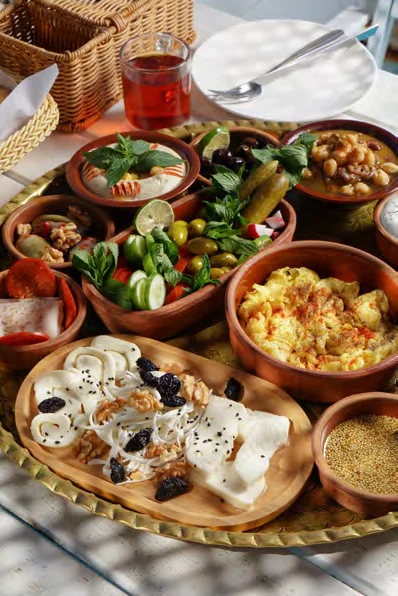Food photography: spread of mezze bowls