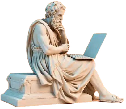 Classical statue seated with a laptop